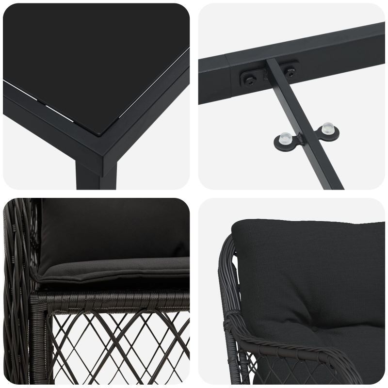 3-teiliges Garten-Ess-Set mit Kissen Schwarz Poly-Rattan