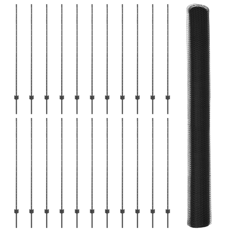 Zaunpfosten 22 Stück U-Profil Grau 150 cm Stahl, Sechseckzaun Grau 1,5x50 m Stahl