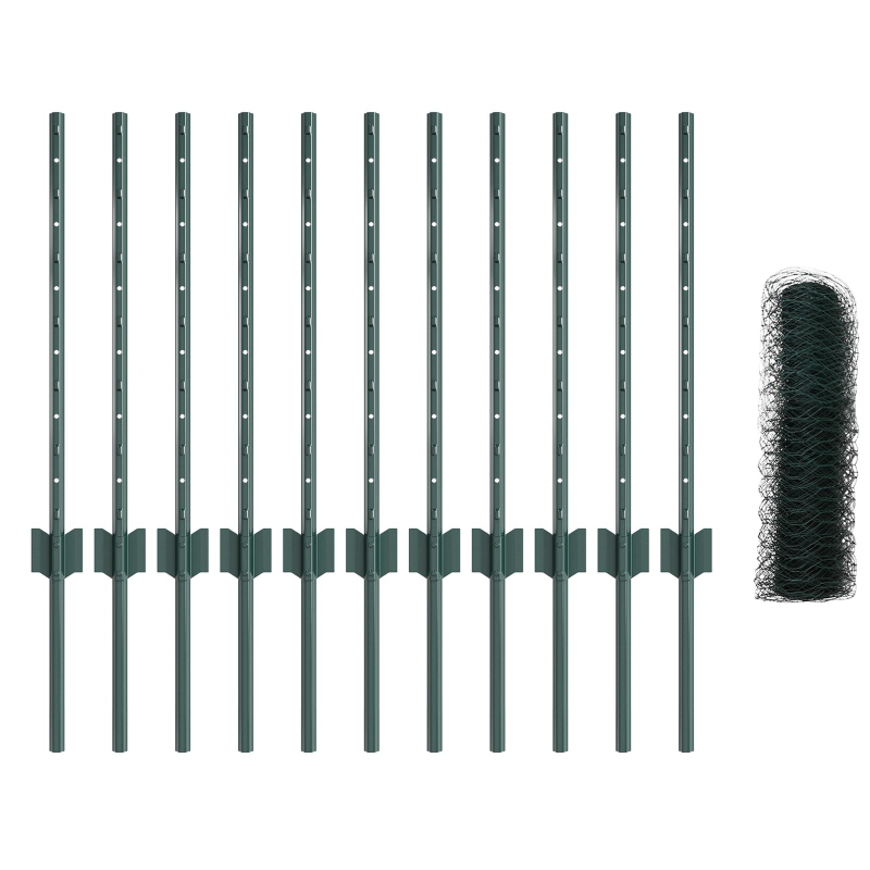 Zaunpfosten 11 Stück U-Channel Grün 60 cm Stahl, Sechseckzaun Grün 0,6x25m Stahl