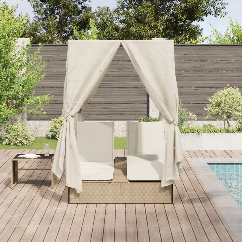 Doppellounger mit Dach und Vorhängen in Beige aus Poly Rattan