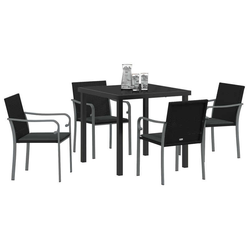 5-teiliges Garten-Dining-Set mit Kissen in Schwarz aus Poly-Rattan