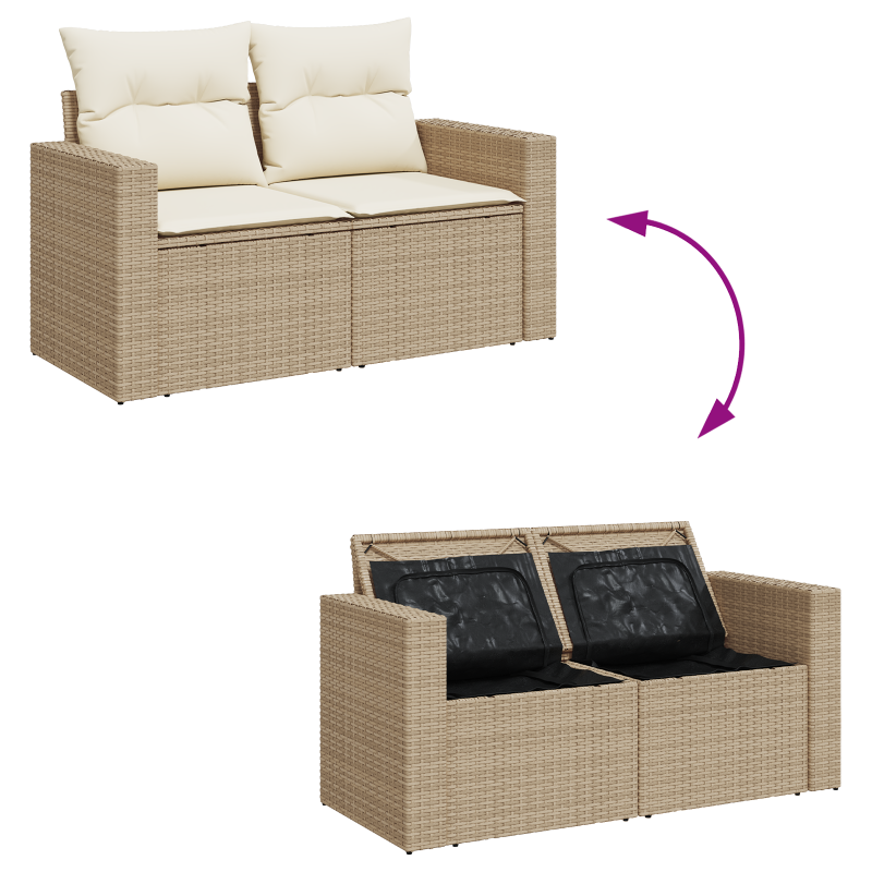 10-teiliges Garten Sofa Set mit Kissen Beige Poly Rattan Akazie