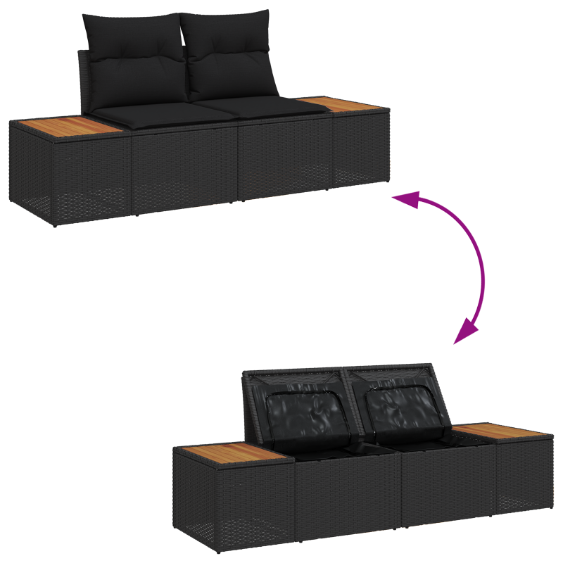 2-Sitzer Gartenbank mit Stauraum und Kissen Schwarzes Poly-Rattan