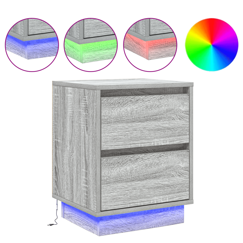 Nachttische mit LED Lichtern 2 Stk Grau Sonoma 39x34.5x50 cm