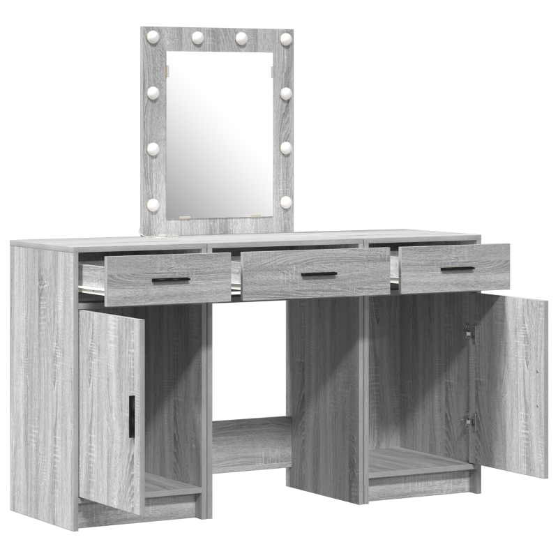 3-teiliges Schminktisch-Set mit LED Grau Sonoma Holzwerkstoff