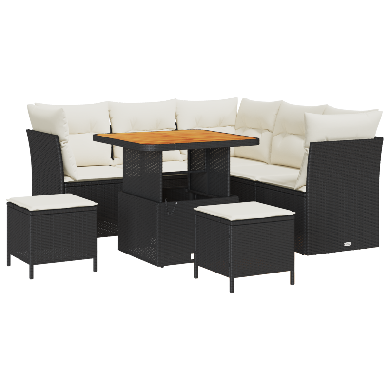 9-teiliges Garten-Sofa-Set mit Kissen - Schwarzes Poly-Rattan