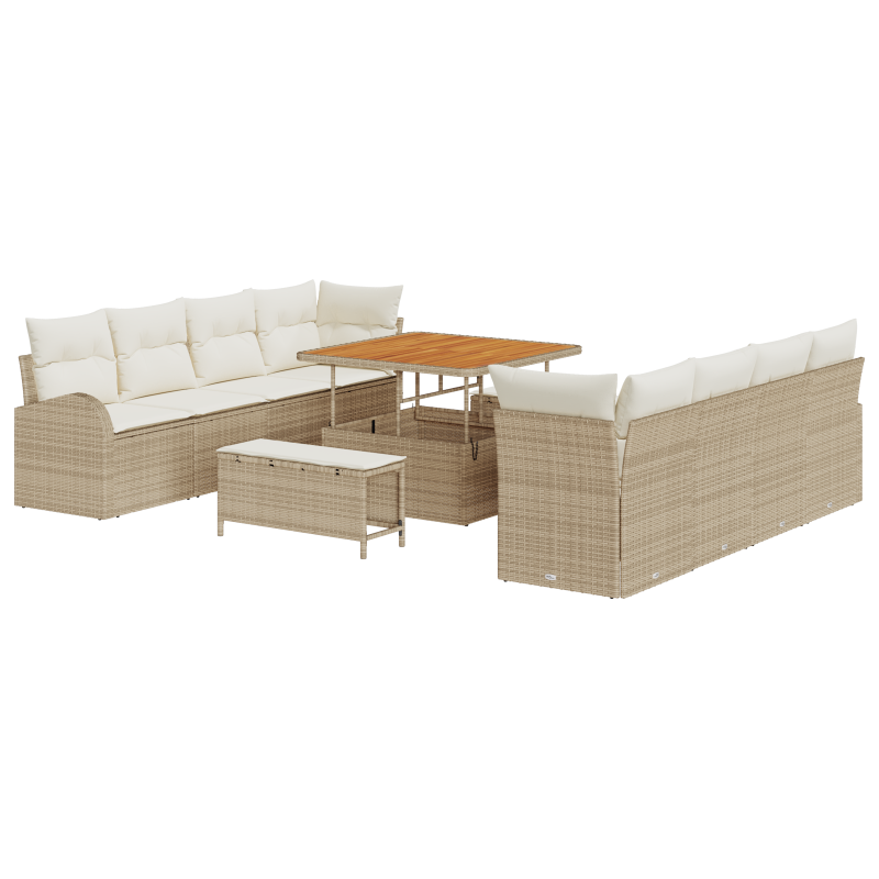 11-teiliges Garten Sofa Set mit Kissen Beige Poly Rattan Akazie