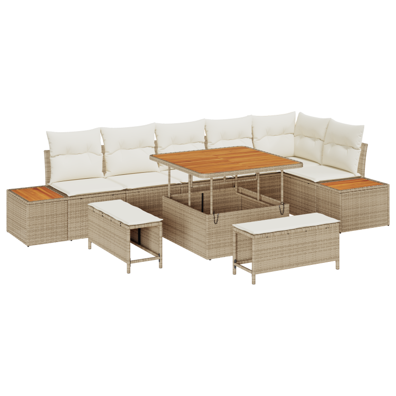 9-teiliges Garten Sofa Set mit Kissen Beige Poly Rattan Akazie