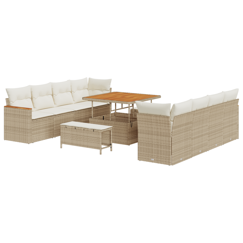 11-teiliges Garten Sofa Set mit Kissen Beige Poly Rattan Akazie