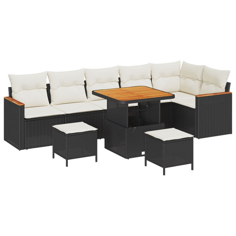 9-teiliges Garten Sofa Set mit Kissen Schwarz Poly Rattan Akazie