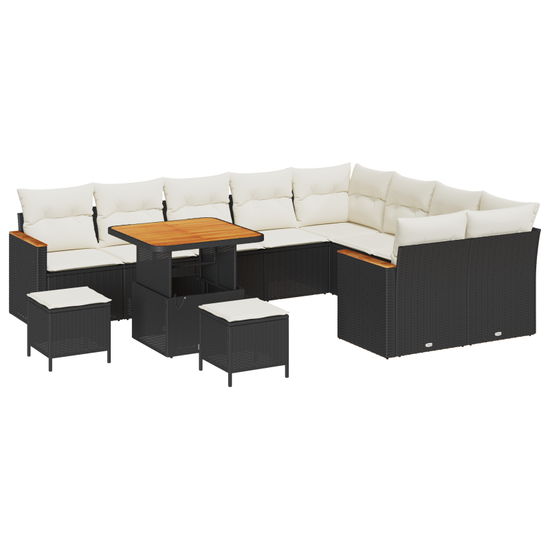 12-teiliges Garten-Sofa-Set mit Kissen Schwarz Poly-Rattan Akazie