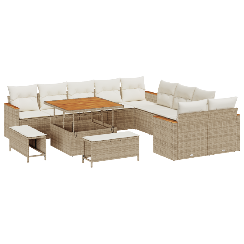 13-teiliges Garten Sofa Set mit Kissen Beige Poly Rattan Akazie