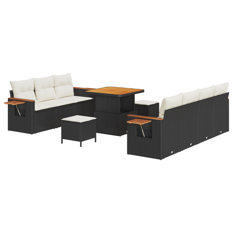 10-teiliges Garten Sofaset mit Kissen Schwarz Poly Rattan Akazie