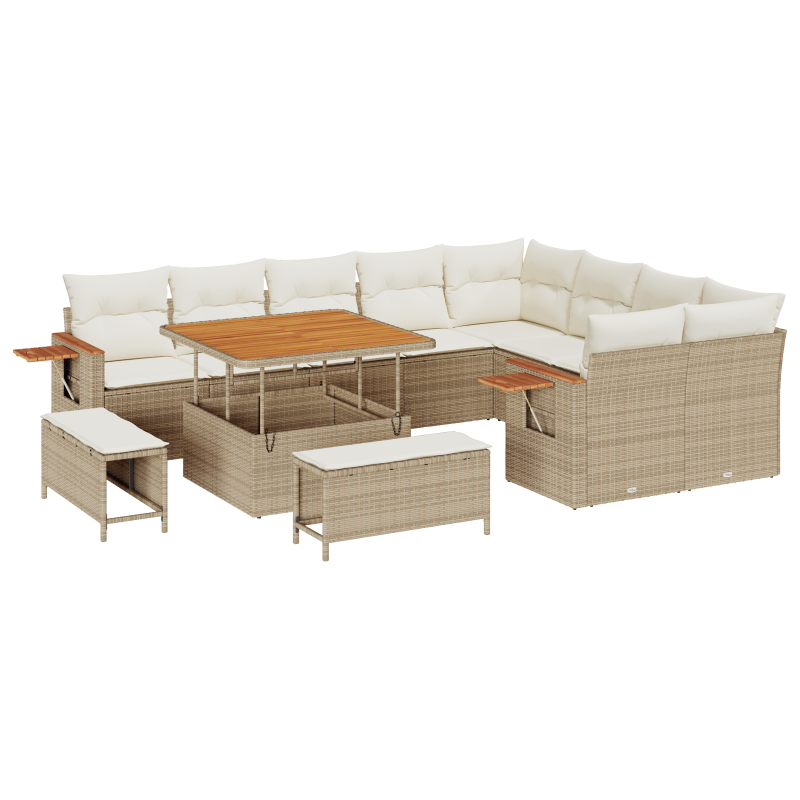 12-teiliges Garten Sofa Set mit Kissen Beiges Poly Rattan Akazie
