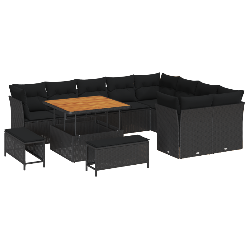 12-teiliges Garten Sofa Set mit Kissen Schwarz Poly Rattan Akazie