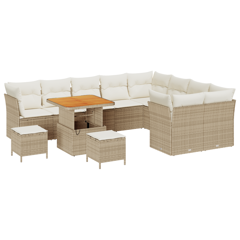 12-teiliges Garten Sofa Set mit Kissen Beige Poly Rattan Akazie