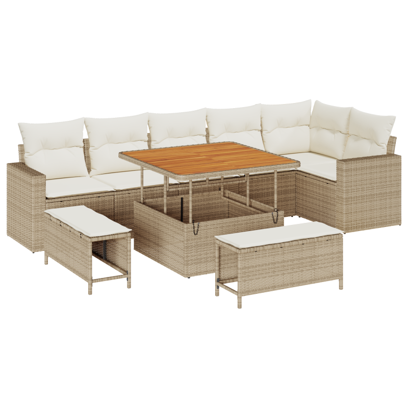 9-teiliges Garten Sofa Set mit Kissen Beige Poly Rattan Akazie