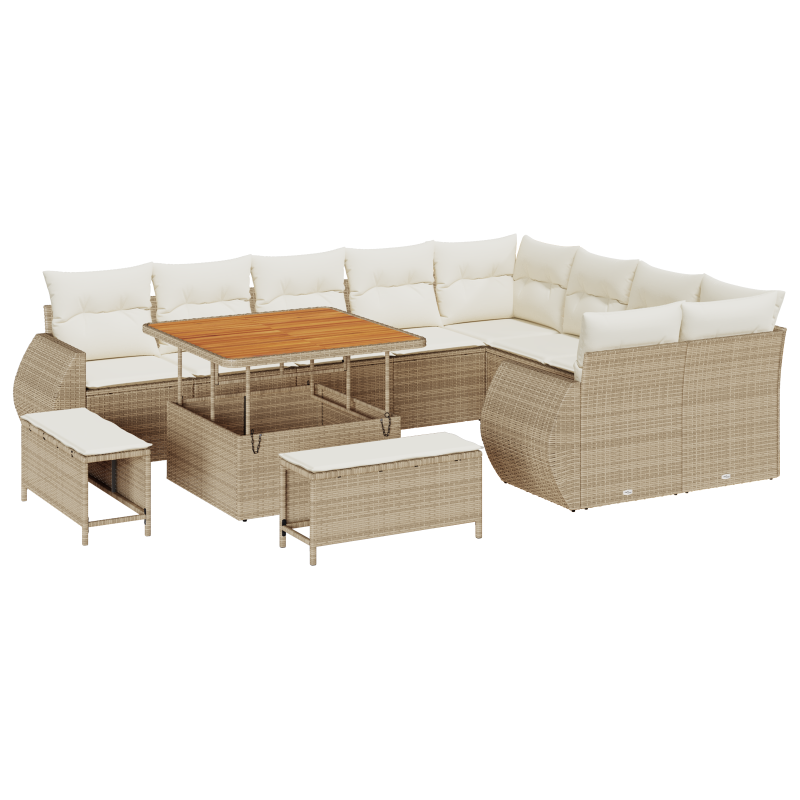 12-teiliges Garten-Sofa-Set mit Kissen Beige Poly-Rattan Akazie