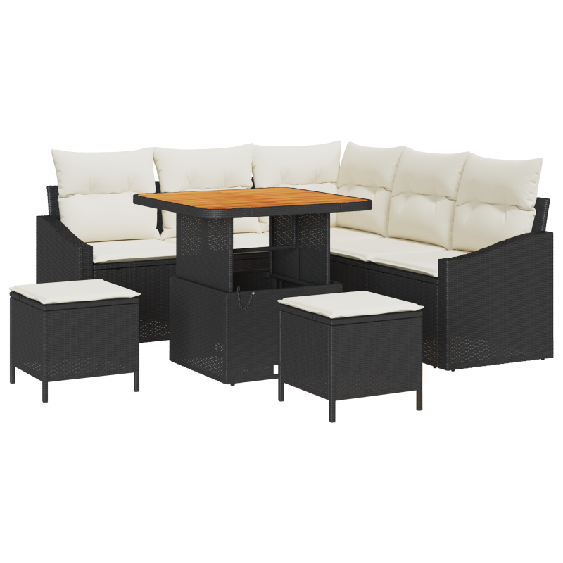 8-teiliges Garten Sofaset mit Kissen Schwarz Poly Rattan Akazie