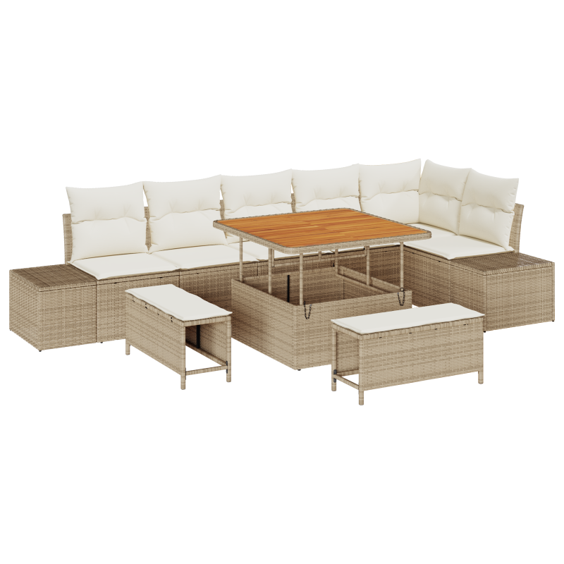 9-teilige Garten Sofagarnitur mit Kissen in Beige Poly Rattan