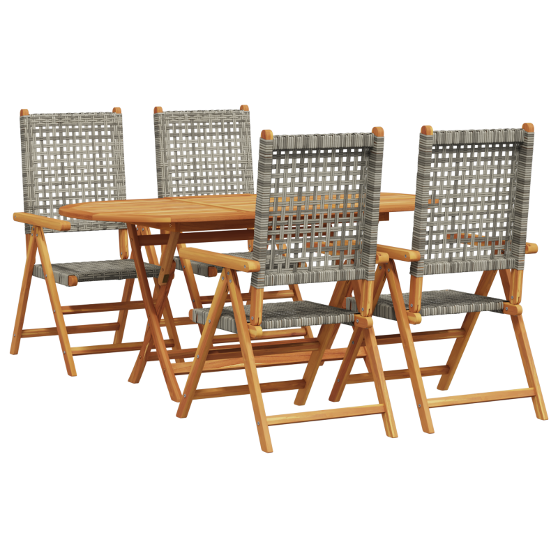5-teiliges Garten-Esszimmer-Set in Grau aus massivem Akazienholz und Polyrattan