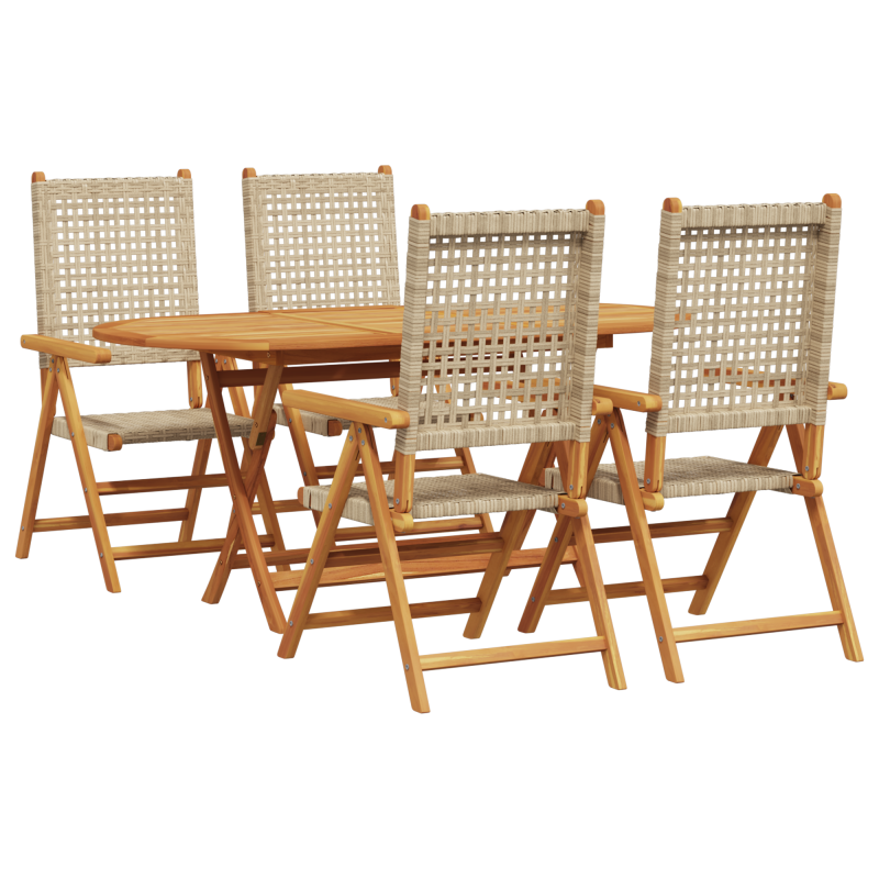 5-teiliges Gartentisch-Set in Beige aus massivem Akazienholz und Poly-Rattan