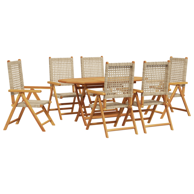 7-teiliges Garten-Ess-Set in Beige aus massivem Akazienholz und Poly-Rattan