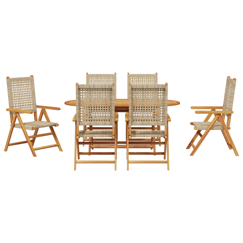 7-teiliges Garten-Ess-Set in Beige aus massivem Akazienholz und Poly-Rattan
