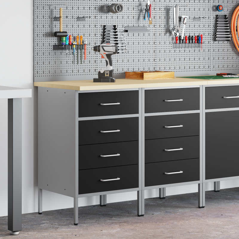 Werkbank 2er Set Schwarz und Grau aus Holzwerkstoff und Stahl