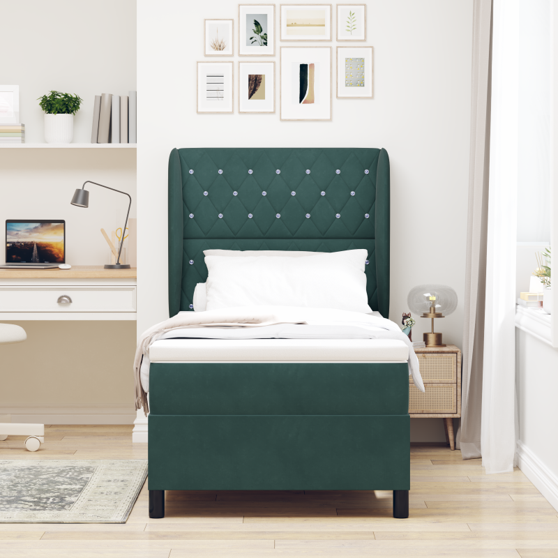 Boxspringbett mit Matratze in Dunkelgrün - 90x200 cm Samt