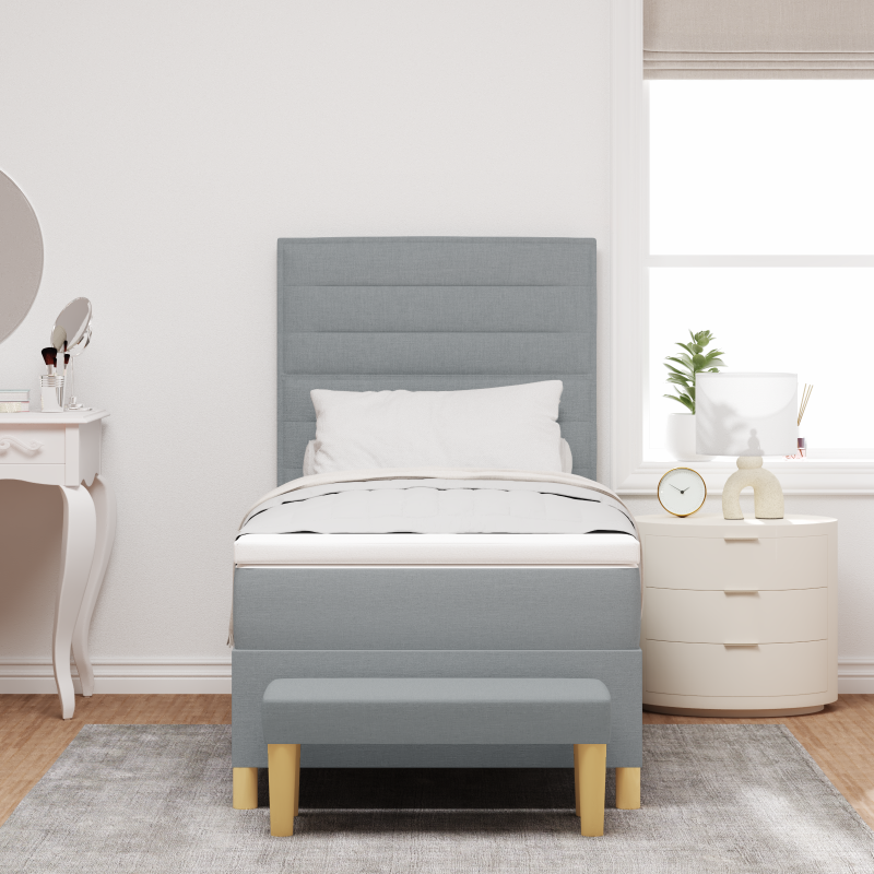 Boxspringbett mit Matratze & Bank in Hellgrau 100x200 cm aus Stoff