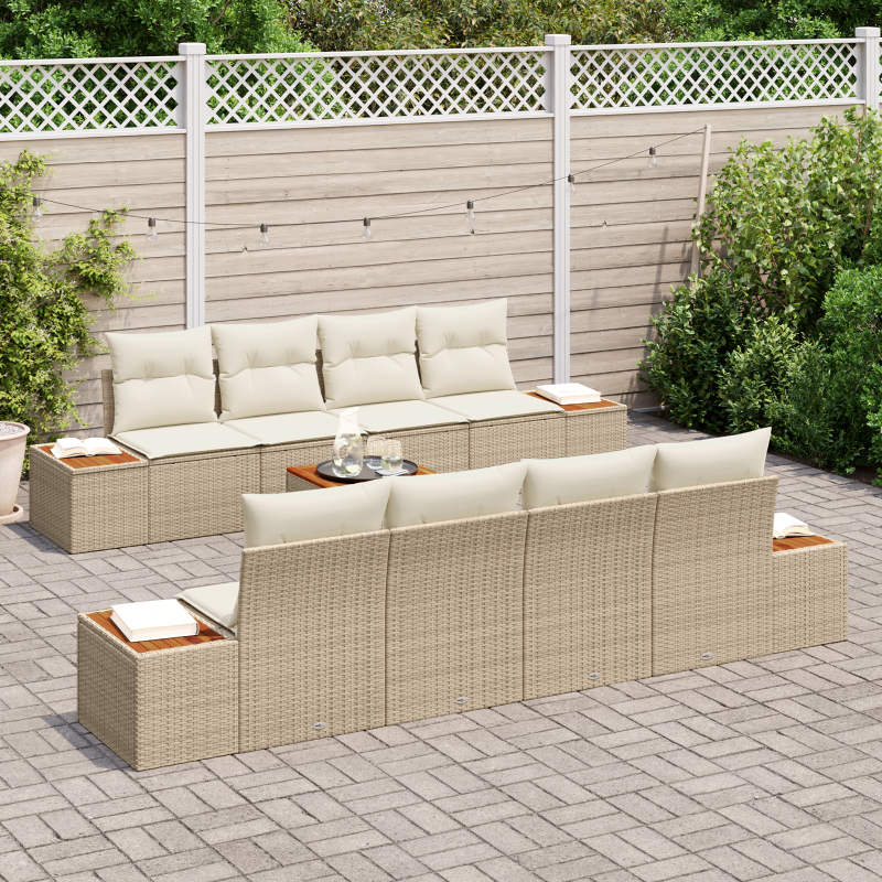 9-teiliges Garten Sofaset mit Kissen Beige Poly Rattan Akazie