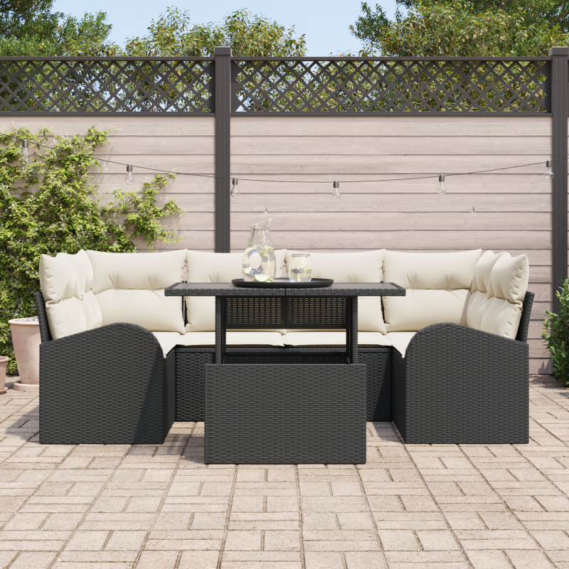 7-teiliges Garten Sofaset mit Kissen Schwarz Poly Rattan