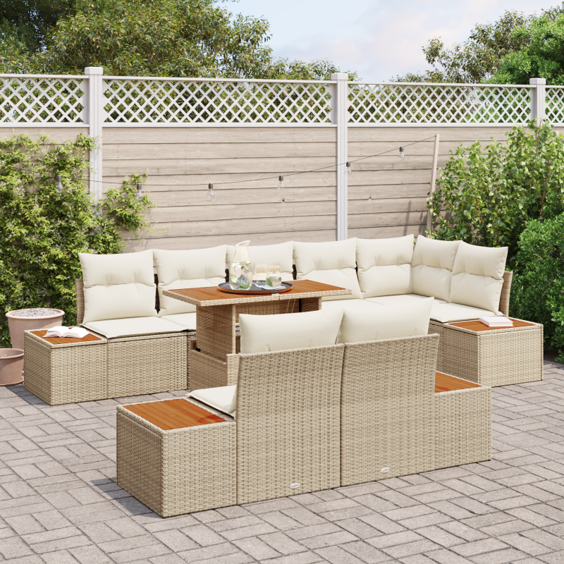 9-teiliges Garten-Sofa-Set mit Kissen Beige Poly Rattan