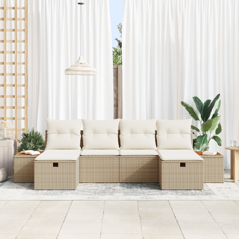 6-teiliges Garten Sofa Set mit Kissen Beige Poly Rattan
