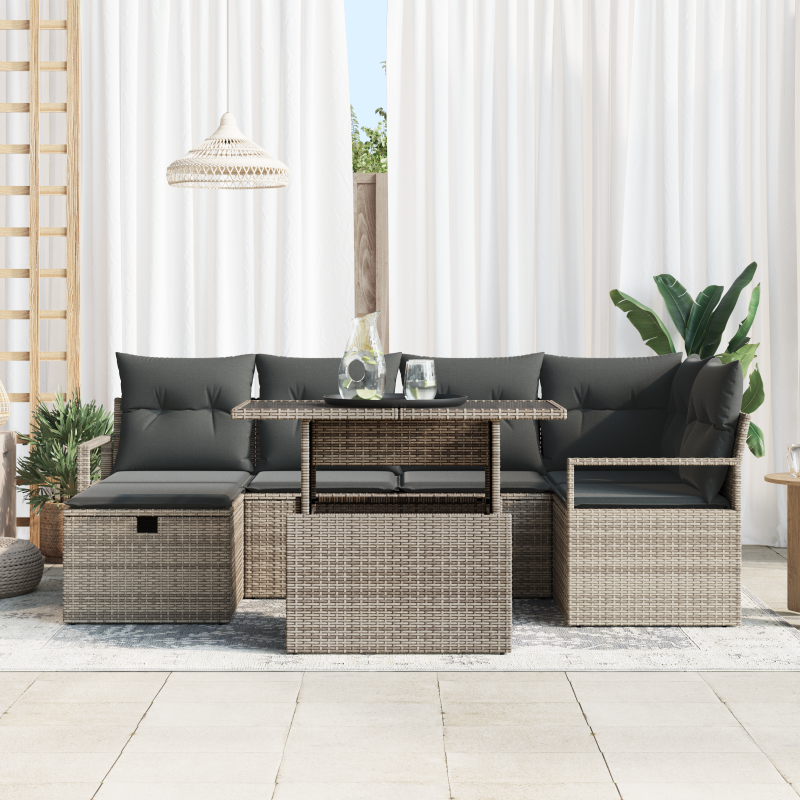 10-teiliges Garten Sofa Set mit Kissen Beige Poly Rattan