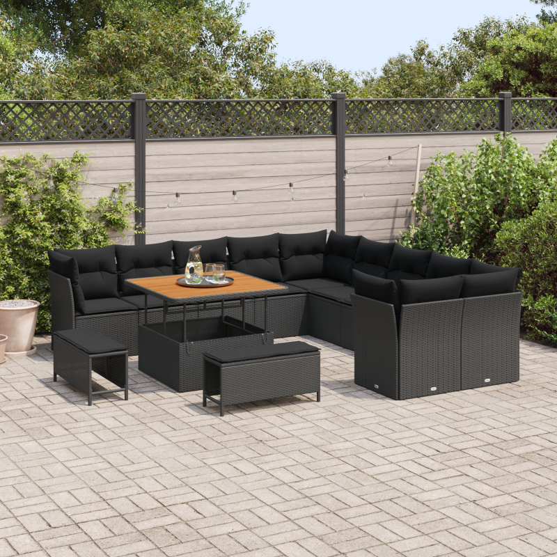 13-teiliges Garten-Sofa-Set mit Kissen Schwarz Poly Rattan Akazie