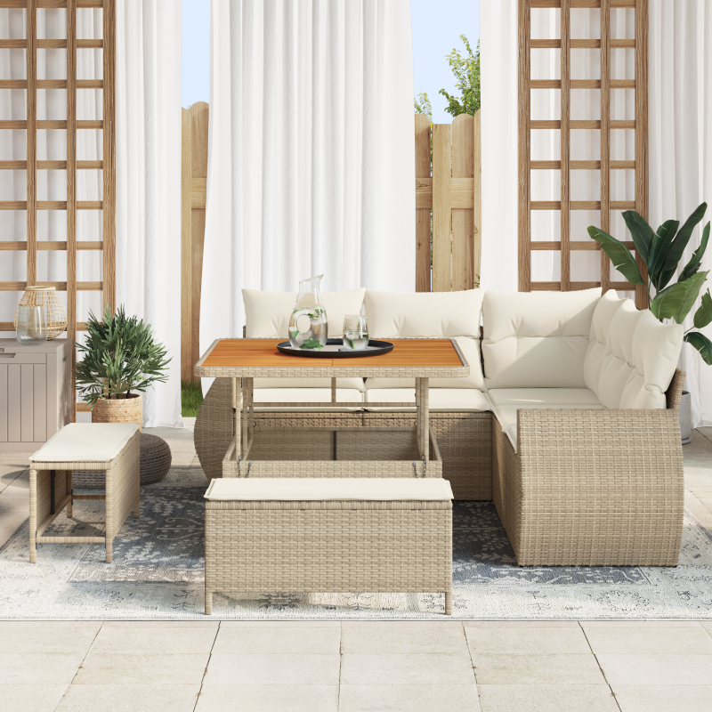 8-teiliges Garten Sofaset mit Kissen Beige Poly Rattan Akazie