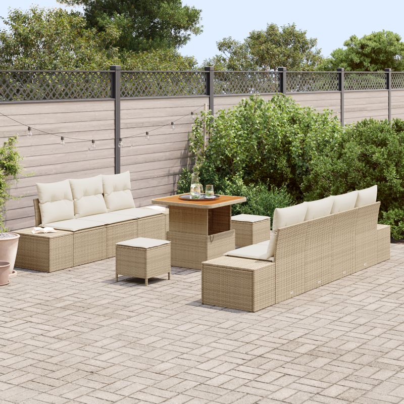10-teiliges Garten Sofa Set mit Kissen, Beiges Poly-Rattan