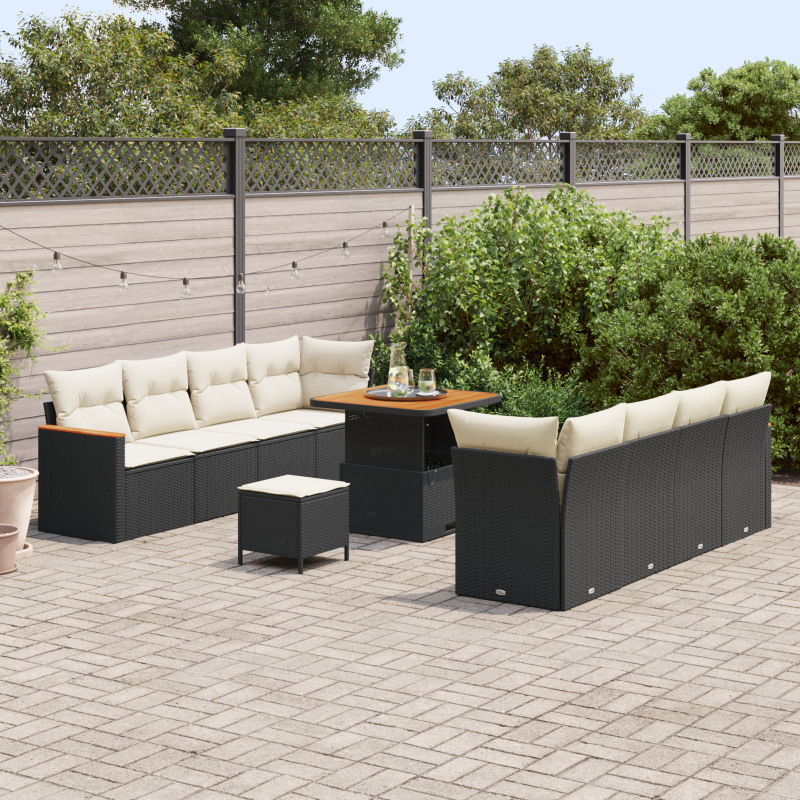 11-teilige Garten Sofaset mit Kissen Schwarz Poly Rattan Akazie