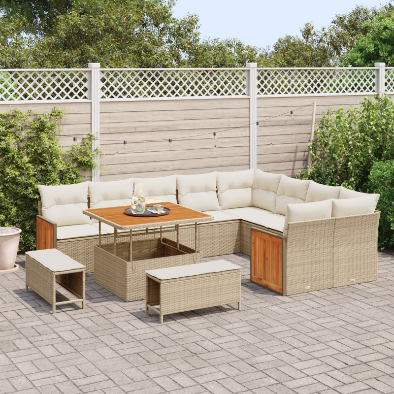 12-teiliges Garten Sofaset mit Kissen Beige Poly-Rattan Akazie