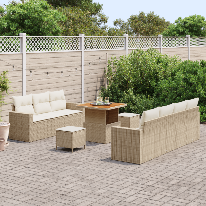 10-teiliges Garten Sofa Set mit Kissen Beige Poly Rattan Akazie