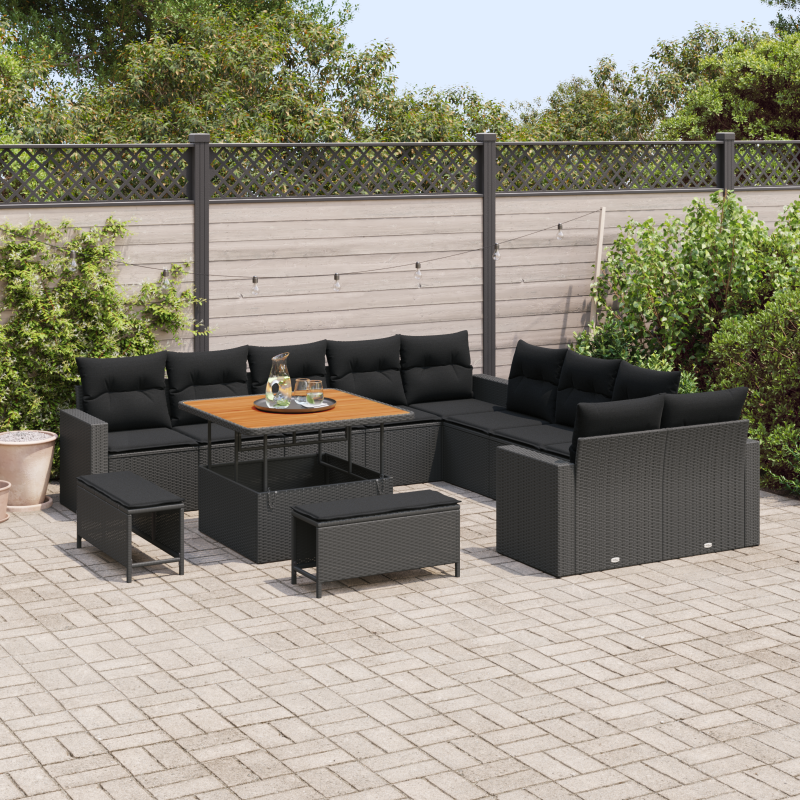 13-teiliges Garten-Sofa-Set mit Kissen Schwarz Poly Rattan Akazie
