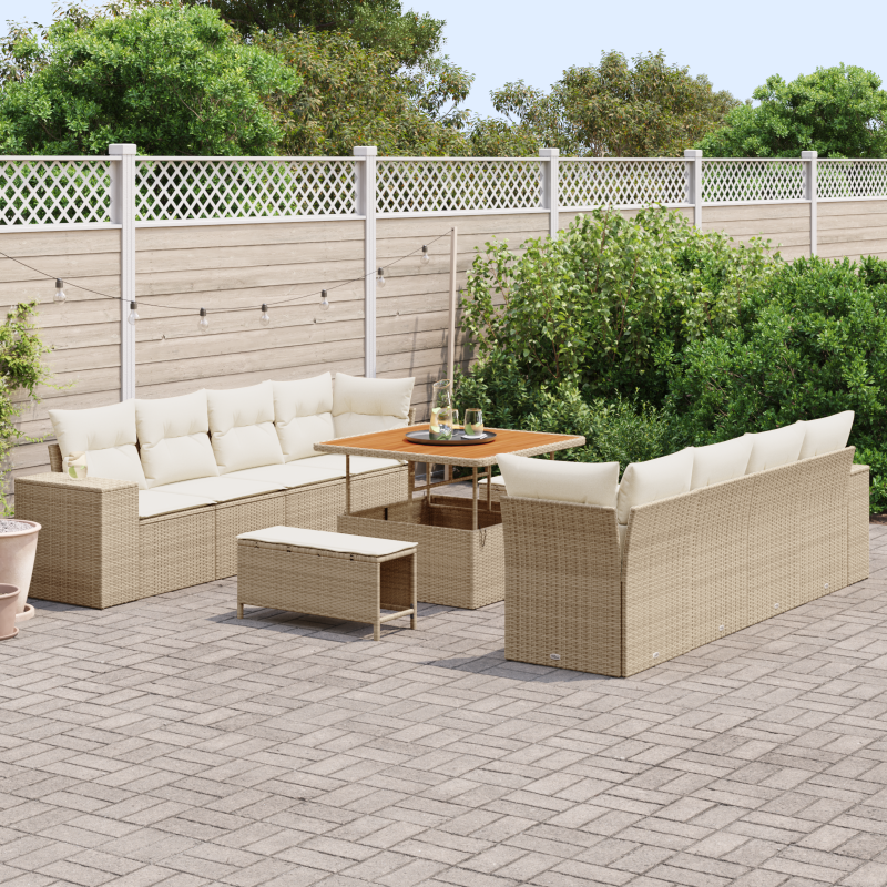 11-teiliges Garten Sofa Set mit Kissen Beige Poly Rattan Akazie