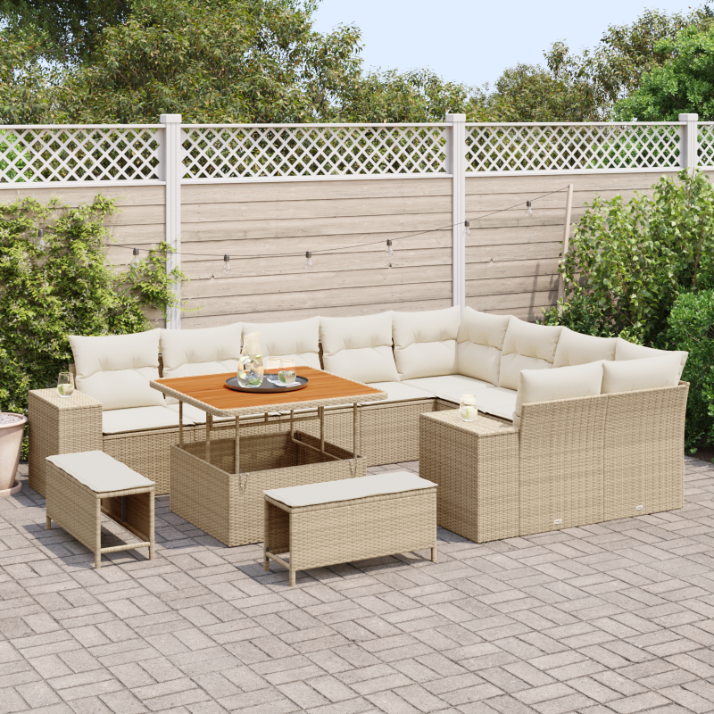 12-teiliges Garten Sofa Set mit Kissen Beige Poly Rattan Akazie