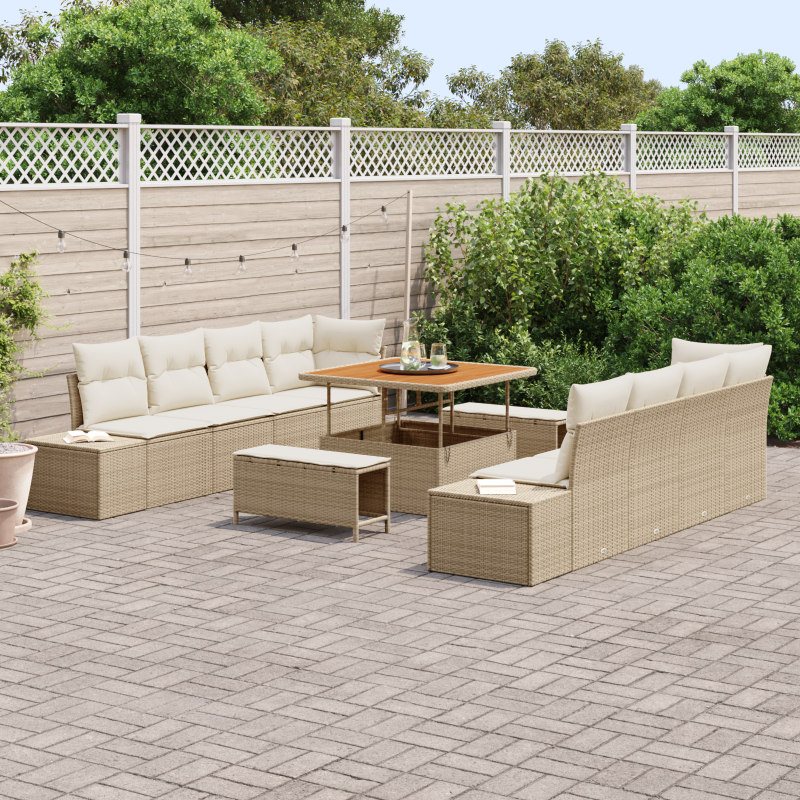 11-teiliges Garten-Sofa-Set mit Kissen Beige Poly Rattan Akazie