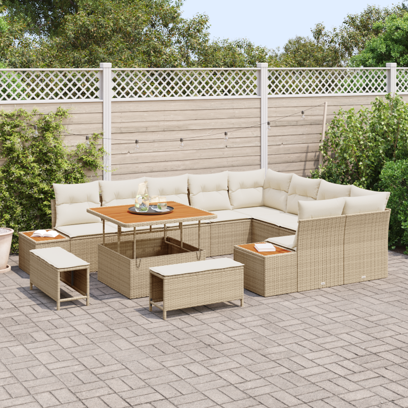 12-teiliges Garten Sofa Set mit Kissen Beige Poly Rattan Akazie