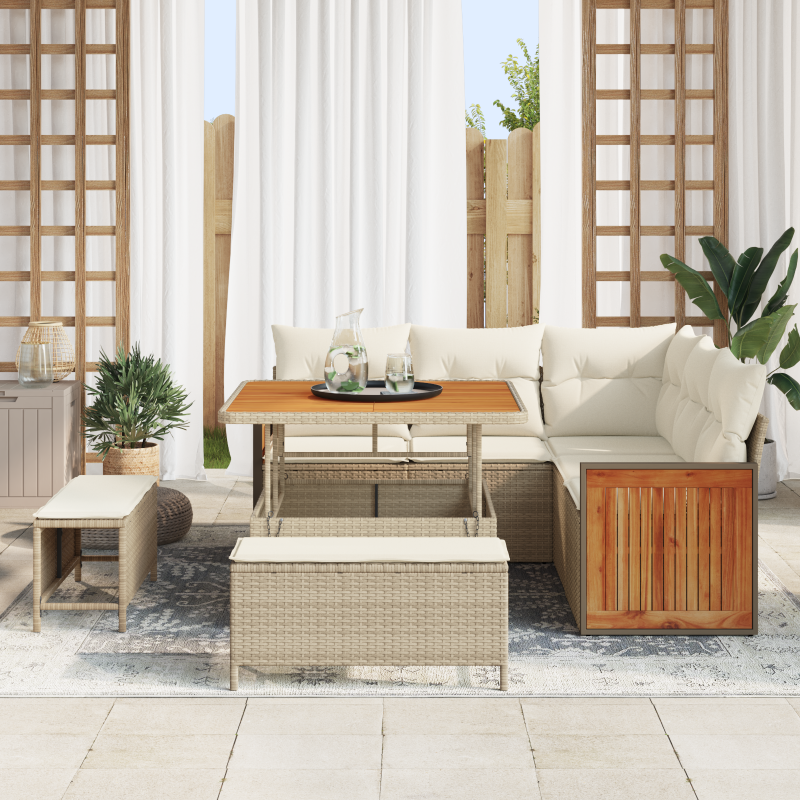 8-teiliges Garten Sofaset mit Kissen Beige Poly Rattan Akazie