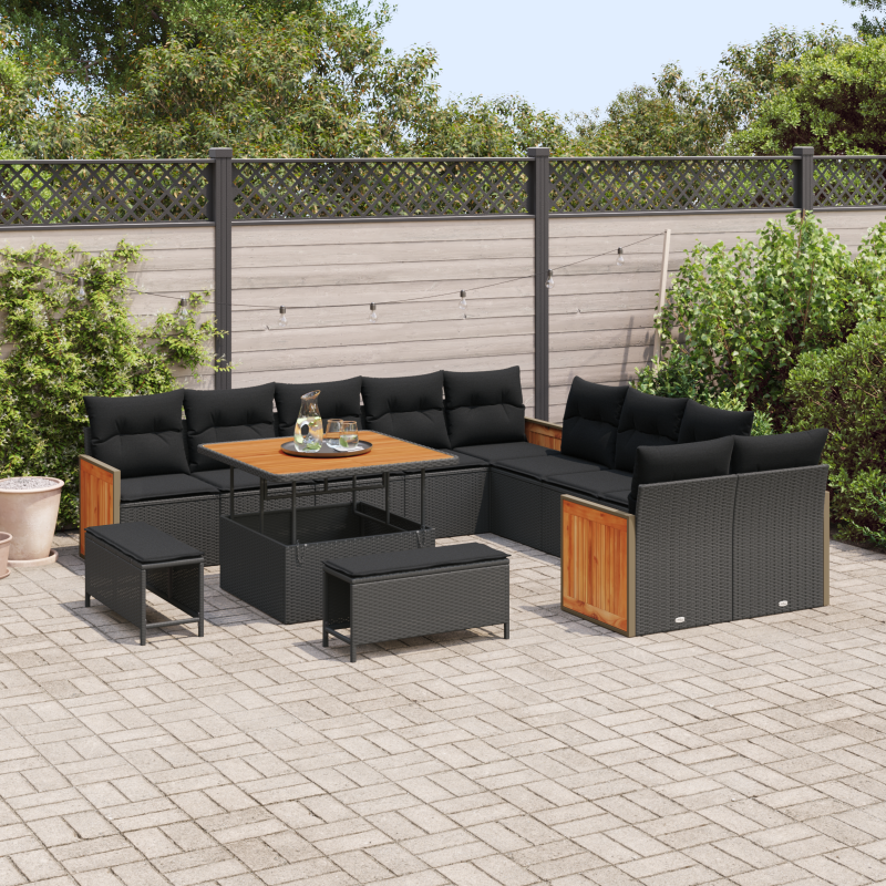 13-teiliges Garten-Sofa-Set mit Kissen Schwarz Poly Rattan Akazie