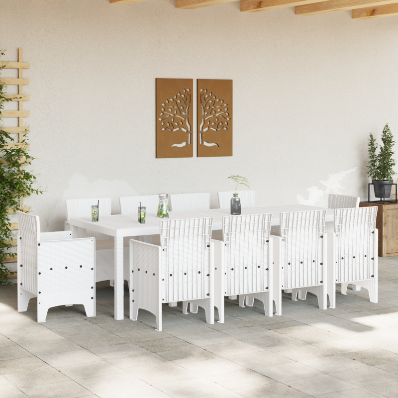 11-teiliges Garten Esstisch Set mit Kissen Weiß Poly-Rattan